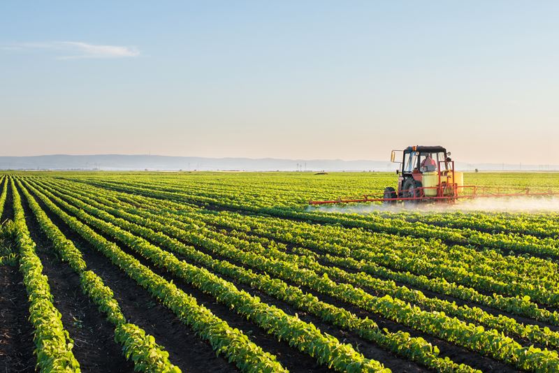  Tractor spraying soybean field 
